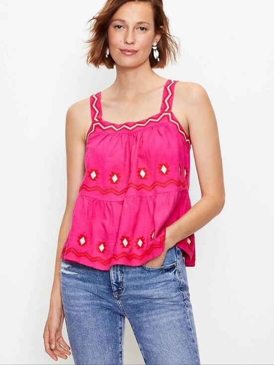 LOFT Tops - Ann Taylor LOFT Pink Linen Blend Embroidered Boho Tank Top Women XS Runs Big